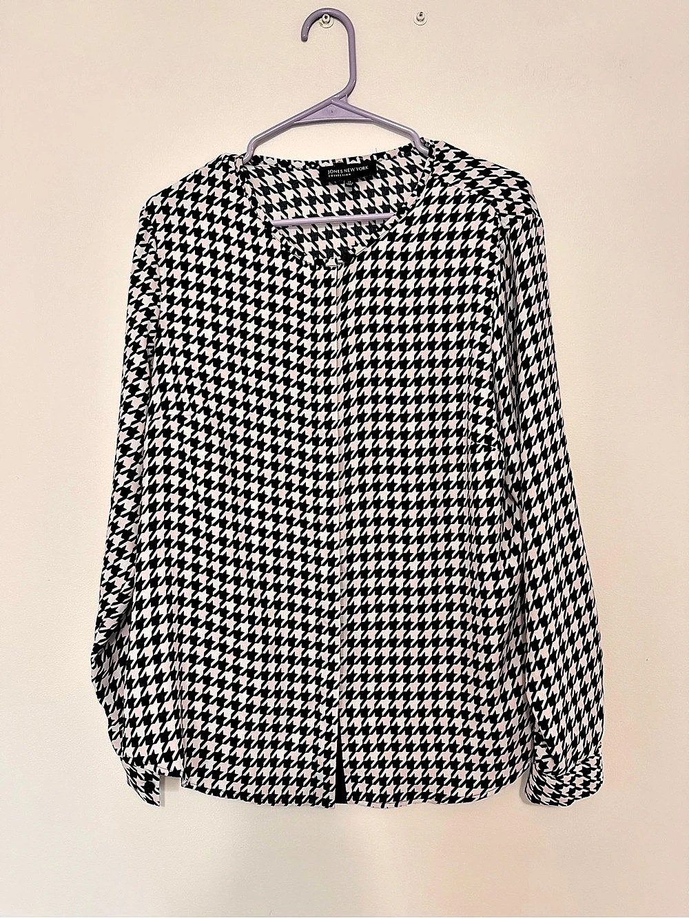 Jones New York Houndstooth Button Down Blouse Black & White Size 14 Likeew